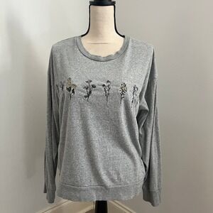 Commune Embroidered Flower Sweatshirt Large Gray Pullover Y2K Girlhood Bloomcore
